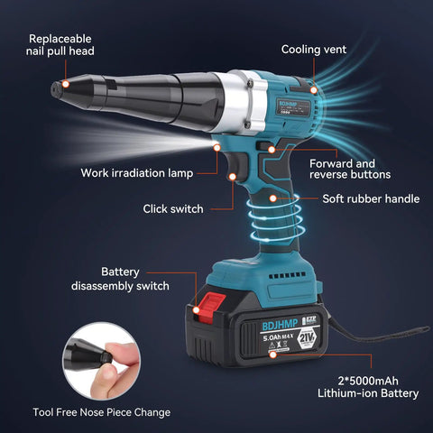 Portable Cordless Brushless Rivet Gun With Automatic Operation, Heavy Duty Electric Riveter Kit showing features and parts