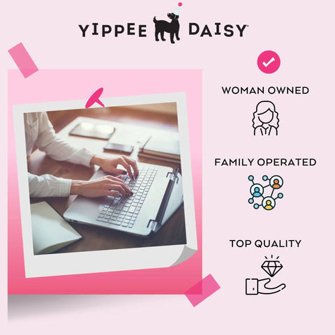Woman typing on laptop with Yippee Daisy branding; highlights woman-owned, family-operated, top quality.