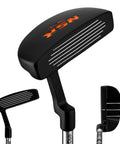 Close-up of putter from Junior Golf Club Set for Right Handed Players: 9 Piece Beginner Kit with blade design and alignment lines.