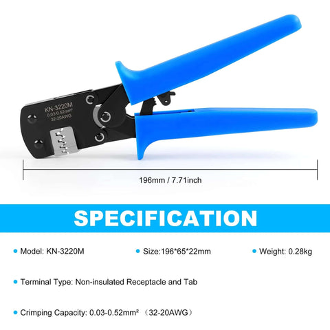 Knoweasy micro Molex crimping tool with blue handles; 196 mm long for 0.03–0.52 mm² (32–20 AWG) wires.