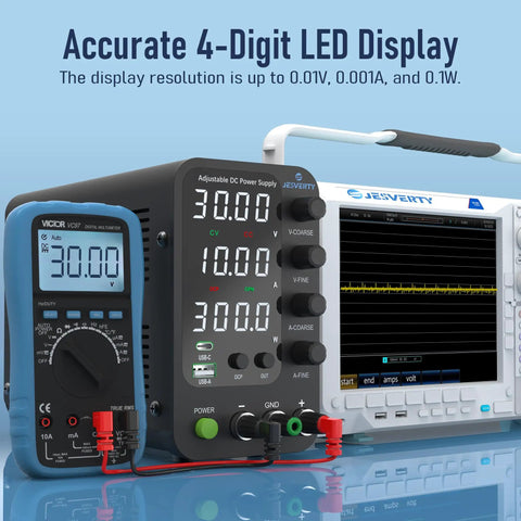 Variable DC Power Supply 0 To 32V 0 To 10A Switching Bench Power Supply with 20W USB C Quick Charge shown with four-digit LED display.
