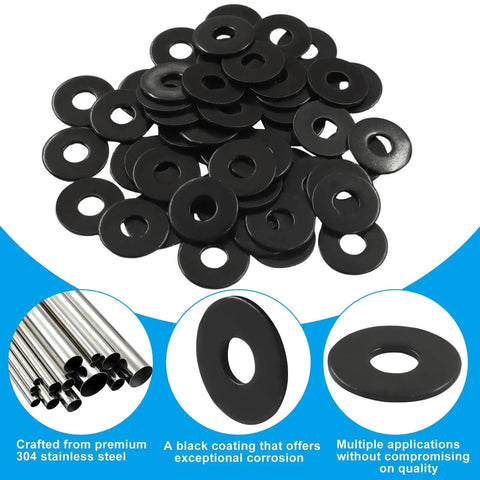 M6 Black Coated Flat Washers 50 Piece Stainless Steel Assortment Kit With 304 Grade Steel For Solid Load Distribution Under Nuts And Bolts, Corrosion Resistant And Durable For Do It All Hardware Projects And Repairs, black flat washers piled together