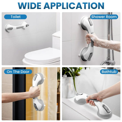 Image showing Heavy Duty 2 Pack Suction Grab Bars For Showers Rock Solid 12 Inch Handles in use on toilet, shower, door and bathtub.