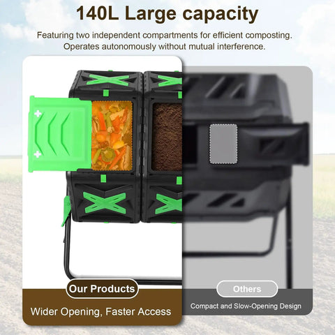 Efficient 140L Dual Chamber Compost Tumbler with Sliding Door on Stand for Yard and Garden Recycling