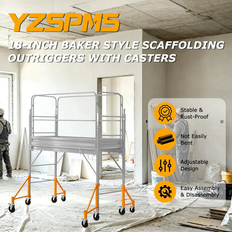 Heavy Duty Scaffold Outriggers Four Pack With Five Inch Lock Casters built for Baker style frames shown in workspace.