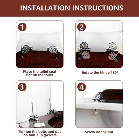 Installation steps for Elongated Wood Toilet Seat With Quiet Close For No Sweat Easy Clean Look Quick Release Hinges For Fast Cleaning Fits All American Toilet Brands Dark Walnut Finish Comfortable And Durable