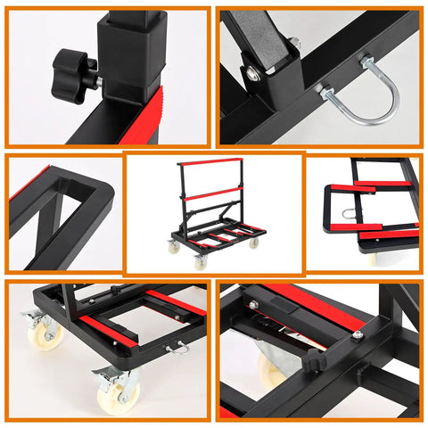 Upgraded Pro Grade Drywall Cart Dolly 2400 Lb Capacity with 6 Inch Nylon Wheels, showing detailed construction and parts.
