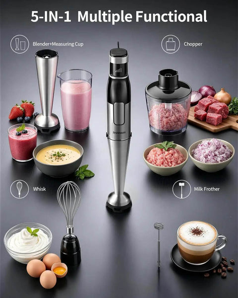 No Fuss Killer Handheld Immersion Blender With Pure Copper Motor And Variable Speed Controls Plus Chopper Whisk Frother Beaker Set for soups and shakes in a 5-in-1 kit.