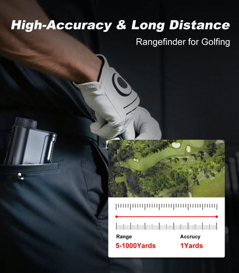 Golfer with Go To Golf Rangefinder With Slope Compensation 1000 Yard Range 6x Magnification Flag Lock Vibration in pocket