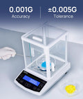 Analytical Balance 500g Capacity 0.001g Accuracy Lab Scale with Windshield RS232 Interface in use, measuring blue powder