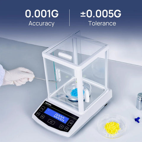 Analytical Balance 500g Capacity 0.001g Accuracy Lab Scale with Windshield RS232 Interface in use, measuring blue powder