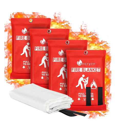 Four red emergency fire blankets with flame background, 40x40 inches, flame retardant safety cloth for home, kitchen, and more.