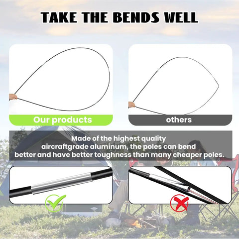 Comparison of replacement tent poles for Wakeman 2 Person Dome Tent showing flexibility of aircraft-grade aluminum poles