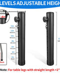 Top Shelf Folding Table Leg Extenders With Grippy Foam Pads And Secure Clips showing 7 adjustable height levels from 2 to 17 inches.