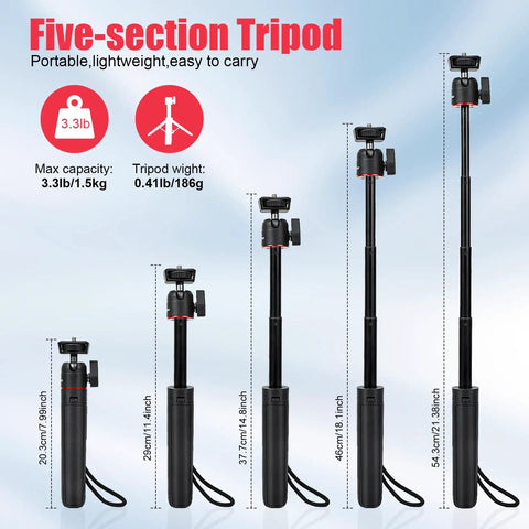Extendable Mini Tripod For GoPro Hero Cameras And Osmo Pocket, height variations from 8 to 23.6 inch, five-section design, black