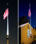 Lit 1000 Lumen Solar Flag Pole Light illuminating American flag on 2 to 6 inch pole at night, showing wide coverage.