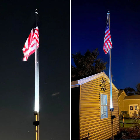 Lit 1000 Lumen Solar Flag Pole Light illuminating American flag on 2 to 6 inch pole at night, showing wide coverage.