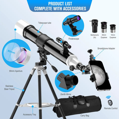 High Powered 80mm 900mm Refractor Telescope For Adults with 36-270x Magnification, FMC Optics, AZ Mount, tripod, and accessories