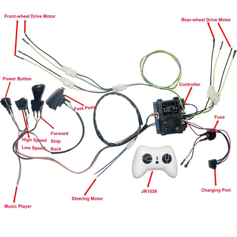 24V Ride On Car Wiring Harness Conversion Kit With 2.4G Bluetooth Control Box showing wires, remote, and components.