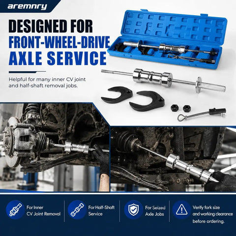 Professional 10 Lb Slide Hammer Inner CV Joint Puller Kit for FWD and AWD Axle Removal Tool with 19.5 Inch Steel Extractor Rod laid out in a blue case.