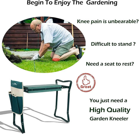 Elderly man using All In One Garden Stool And Kneeler With Tool Bags Portable Bench And Kneeling Pad Durable Outdoor Work Seat in garden