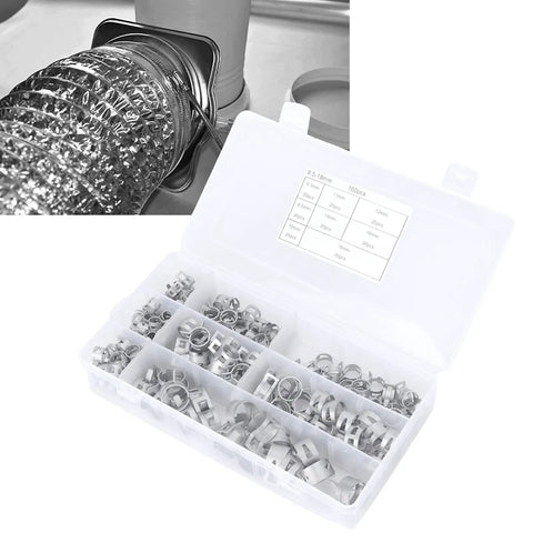 All-Purpose Spring Hose Clamp Kit 160Pcs For Automotive Radiator Hose with storage box showing 8 sizes, 6.5-18mm clamps