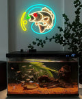 Aquarium scene with dimmable fishing neon sign LED hook lights for wall decor and man cave vibe behind the tank.
