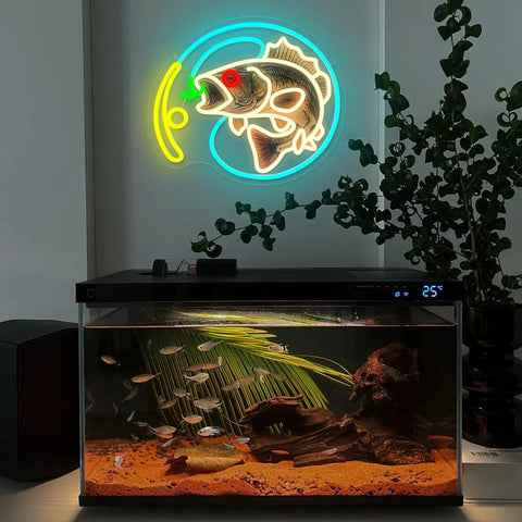Aquarium scene with dimmable fishing neon sign LED hook lights for wall decor and man cave vibe behind the tank.