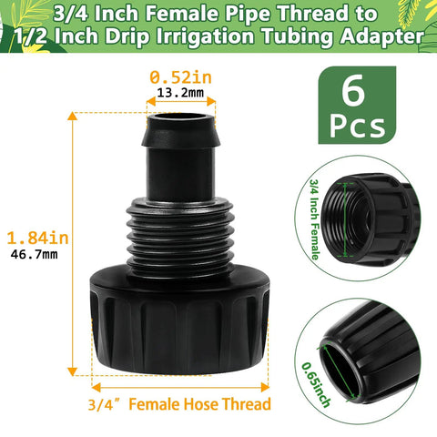 Six Pack 3/4 Inch Female Pipe Thread To 1/2 Inch Drip Tubing Adapter Swivel Garden Hose Connector For 1/2 Inch Drip Line Fits Standard 3/4 Inch Hoses And Faucets, black plastic