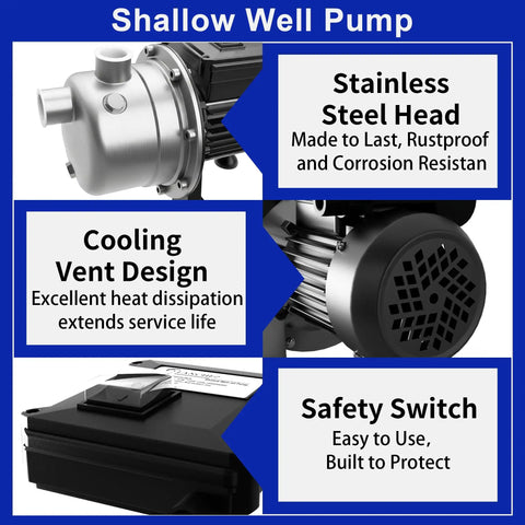 Half Horsepower Shallow Well Pump With 1200 GPH Flow, Stainless Steel Garden Jet Pump For Water Transfer And Irrigation close-up