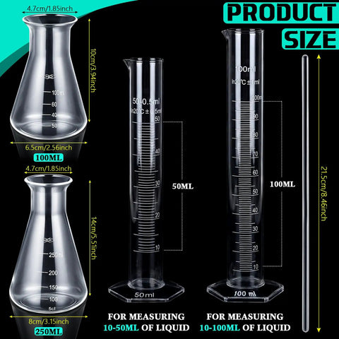Ultimate 22 Piece Plastic Labware Set For DIY Home Science showing beakers and graduated cylinders sizes