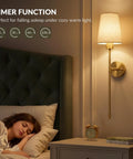 No Wiring Hassle Battery Operated Wall Sconces Set Of Two With Remote Control Adjustable 3CCT Led Lighting smooth gold sconce beside bed.