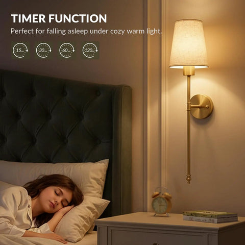 No Wiring Hassle Battery Operated Wall Sconces Set Of Two With Remote Control Adjustable 3CCT Led Lighting smooth gold sconce beside bed.