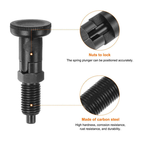 Rock Solid 3 Pack Ball Nose Spring Plunger Set With Push Fit Locking M12x1.5 Thread And 6mm Pin Diameter close-up of carbon steel plunger