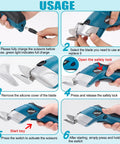 Usage guide for Smooth Cruising Cordless Electric Scissors 37 Volt Rechargeable Fabric Cutter and blade replacement instructions.