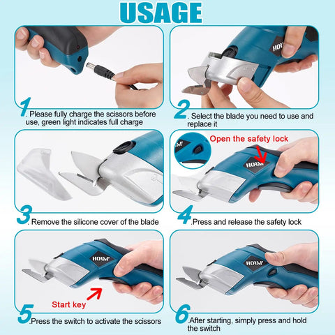 Usage guide for Smooth Cruising Cordless Electric Scissors 37 Volt Rechargeable Fabric Cutter and blade replacement instructions.