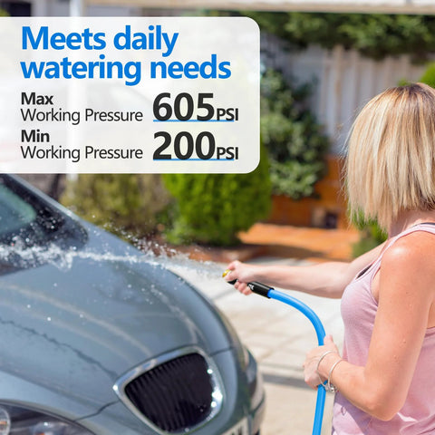Side view of blue garden hose spraying water on a car.