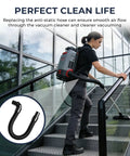 Person using static dissipating backpack vacuum hose with one and a half inch cuffs for ProTeam Super Coach Mode 6 on stairs