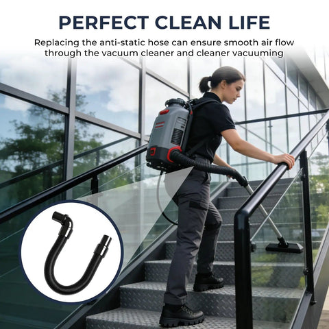Person using static dissipating backpack vacuum hose with one and a half inch cuffs for ProTeam Super Coach Mode 6 on stairs
