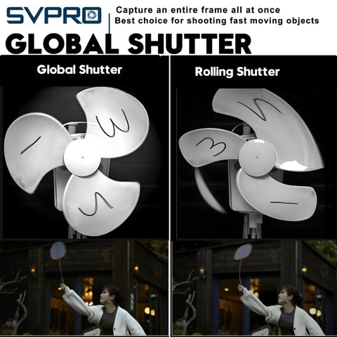 Comparison of global shutter and rolling shutter effects on a fan and moving person, emphasizing clarity of Global Shutter USB Camera for Computer and Laptop, 2MP 1920x1200, 90fps High Speed Machine Vision Camera, Wide Angle No Distortion, Plug And Play USB Webcam for Industrial Inspection and AI Vision.