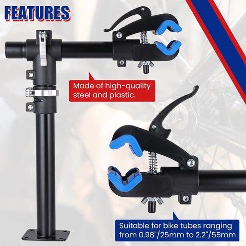 Close-up of black clamp on Extended Adjustable Bike Repair Stand With Clamp For Road And Mountain Bikes Space Saving Home Maintenance Rack Heavy Duty Carbon Steel Build Adjustable Height Up To 23.6 Inches Pro Grade DIY Garage Tool