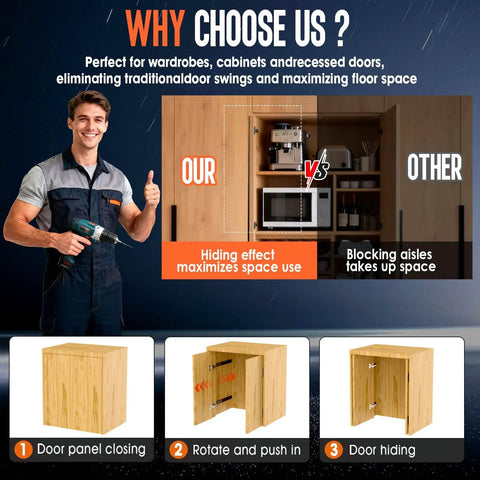 Infographic showing Hidden Pocket Door Slide Hardware Kit 2 Pack 12 Inch For Inset Cabinets and its space-saving benefits.
