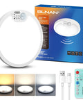 Rechargeable Motion Sensor Ceiling Light With Remote Dimmable LED Lighting box, remote, charger, light color options visible