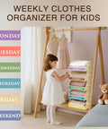 Child using 5 Tier Closet Organizer With Weekly Labels And Stackable Bins Metal Frame Shelf Foldable Cube Bins Kid Friendly Home Storage Baskets For Kids And Adults Beige
