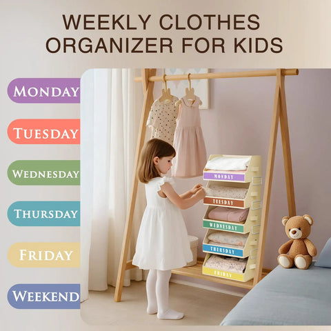 Child using 5 Tier Closet Organizer With Weekly Labels And Stackable Bins Metal Frame Shelf Foldable Cube Bins Kid Friendly Home Storage Baskets For Kids And Adults Beige