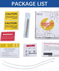 Package contents of Generator Interlock Kit for Square D QO or Homeline Panels 150 Amp to 200 Amp, safety labels, drill bit.