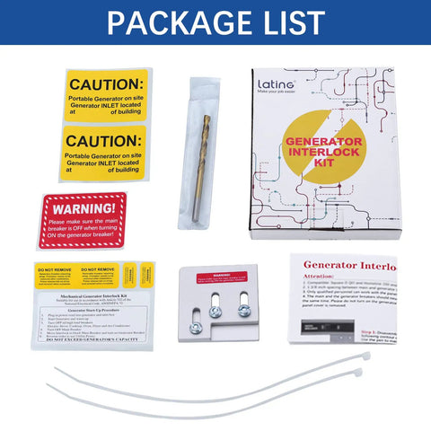 Package contents of Generator Interlock Kit for Square D QO or Homeline Panels 150 Amp to 200 Amp, safety labels, drill bit.