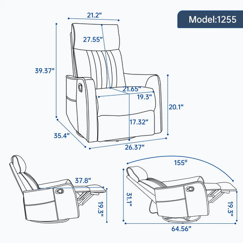 Dimensions of Full Body Massage Rocker Recliner With Heat Eight Vibrating Nodes For Back Lumbar And Legs Swivel And Manual Recline