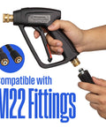 Person holding Short Pressure Washer Gun 3600 Max PSI With M22 Connector, showing compatibility with M22 fittings.