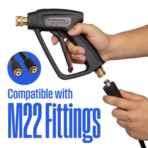 Person holding Short Pressure Washer Gun 3600 Max PSI With M22 Connector, showing compatibility with M22 fittings.